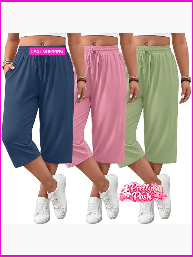 Plus Size Wide Leg Yoga Capri Sweatpants With Pockets